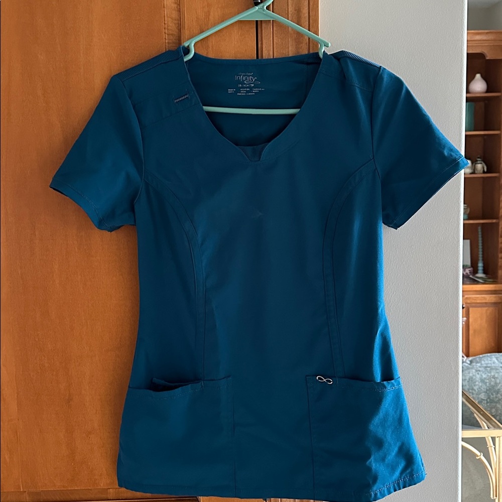Cherokee Infinity Teal Blue Mock Wrap V-Neck Athletic Scrub Top XS